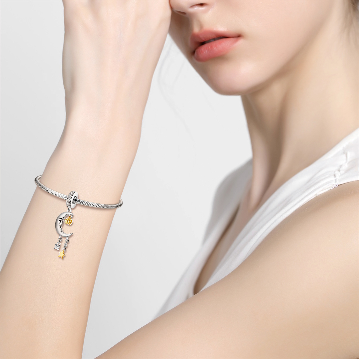 Moon with Pumpkin Halloween Charm Bead S925 Sterling Silver Crescent Moon with Dangling Pumpkin Star and Crystal for Bracelet — view 2