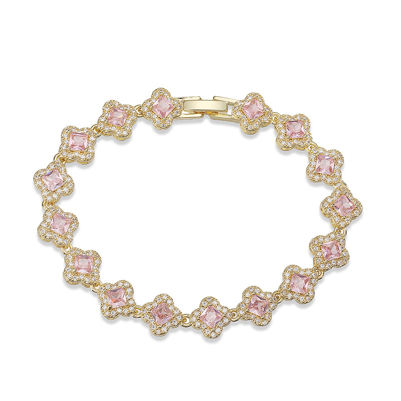 Copper Inlaid Colorful Zirconia Four-Leaf Clover Flower Petal Stackable Bracelet for Women - Luxury Sparkling Floral Bangle 25