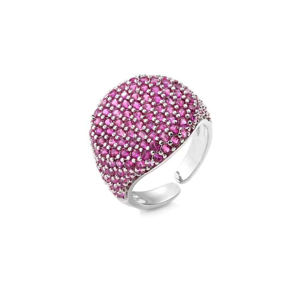 Full-Diamond Circular Open Geometric Zirconia Ring 18K Real Gold Plating Adjustable Women's Ring — Fuchsia/Silver