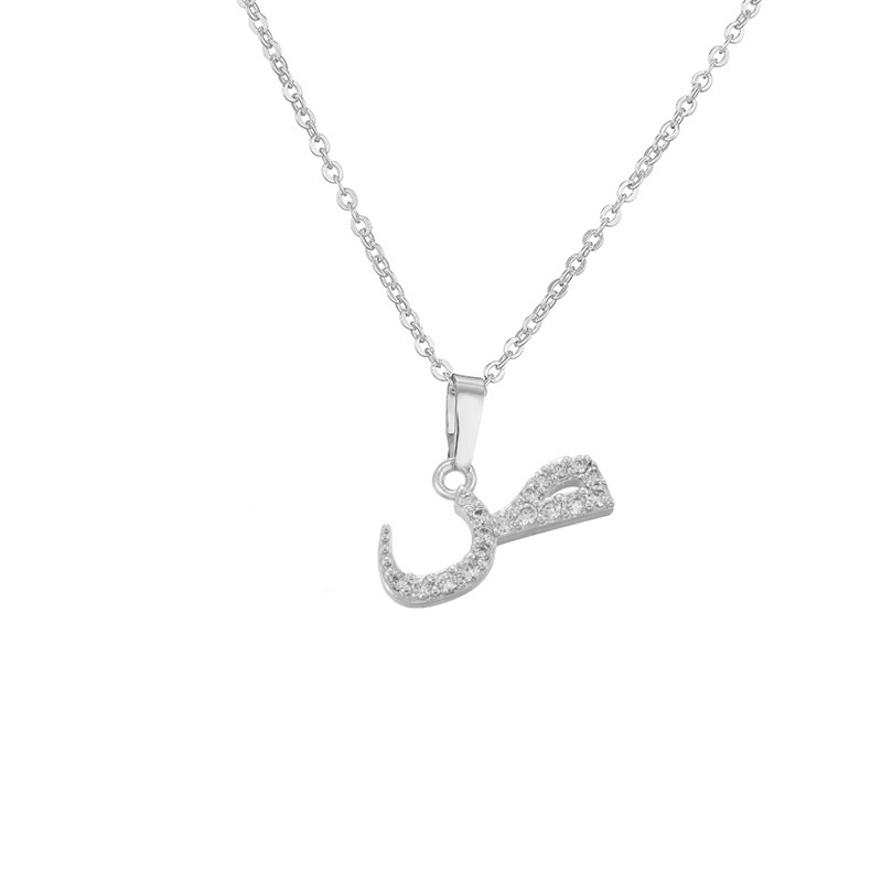 Copper Inlaid Zircon Arabic Letter Pendant Necklace Personalized Hip-Hop Letter Chain Silver Tone 11