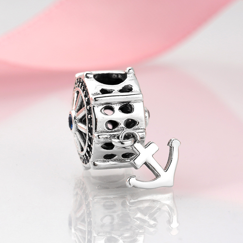 Ship Helm and Anchor Charm Bead S925 Sterling Silver Nautical Wheel with Blue CZ and Dangling Anchor for Bracelet — view 3
