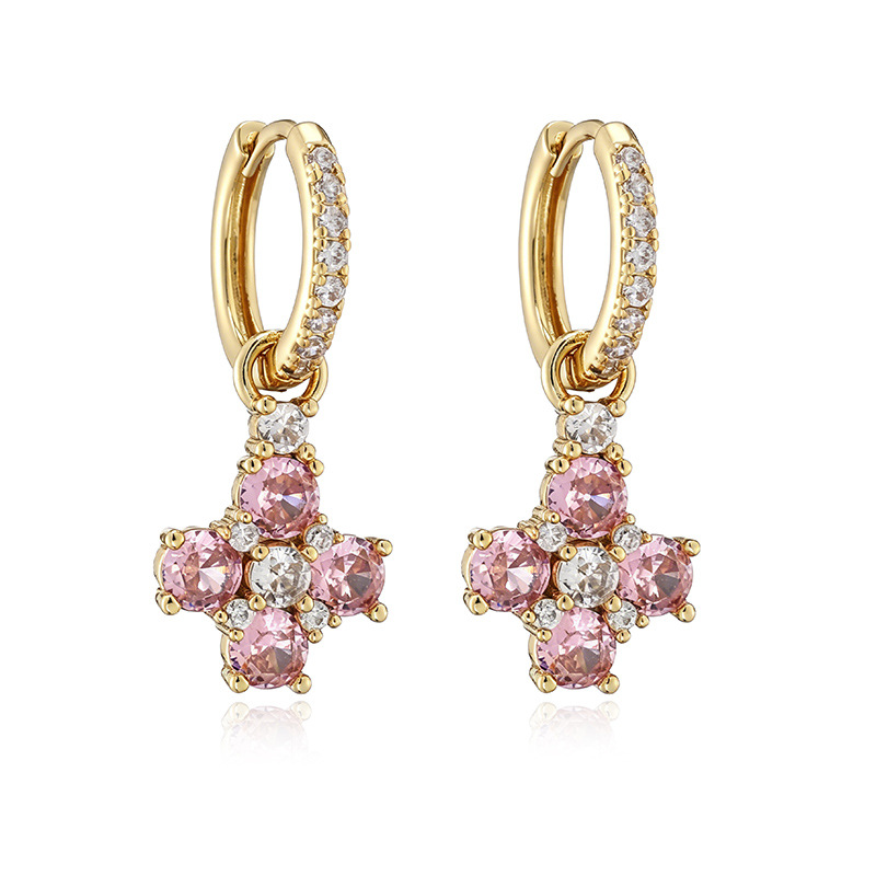Copper Inlaid Colorful Zircon Flower Huggie Hoop Earrings Dainty Flower Petal Dangle Charms for Women — Gold-tone with Pink Flower