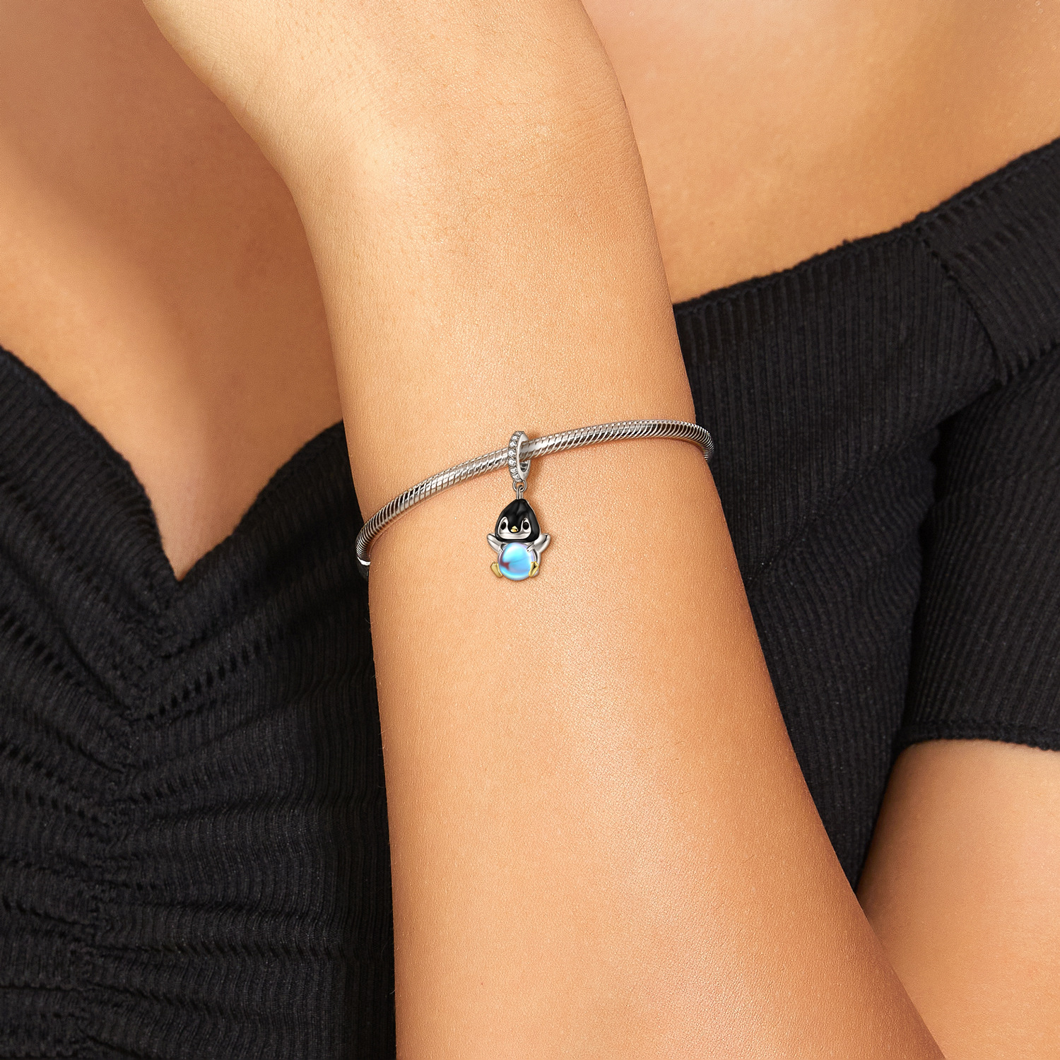 Cute Penguin Charm 925 Sterling Silver Inlaid Synthetic Moonstone for DIY Bracelet — view 2