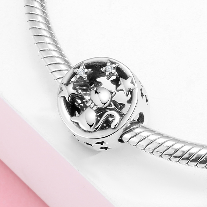 Cat and Star Charm Bead S925 Sterling Silver Openwork Dangle for DIY Bracelet — view 2