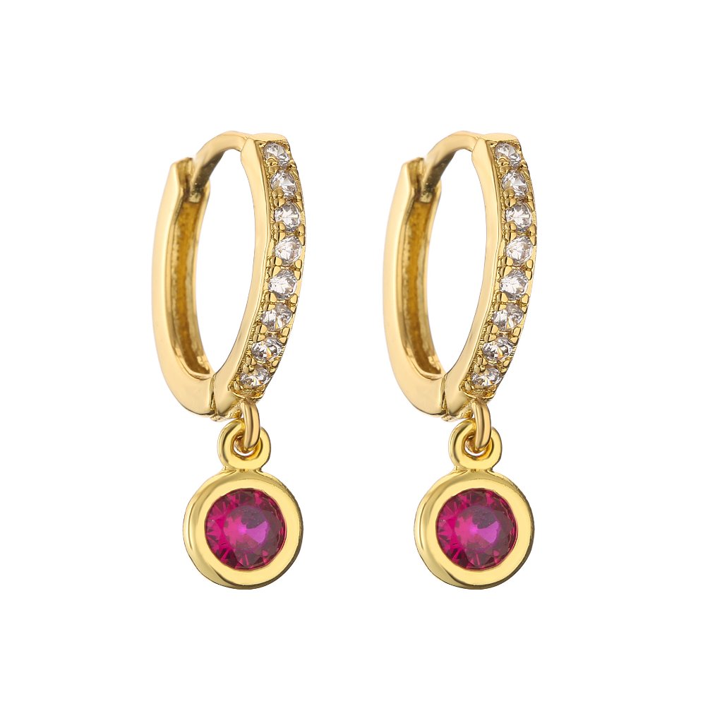 18K Gold Plated Copper Round Huggie Hoop Earrings with Colorful Zircon Dot Chain Dangle Charms — Short - Magenta Dangle