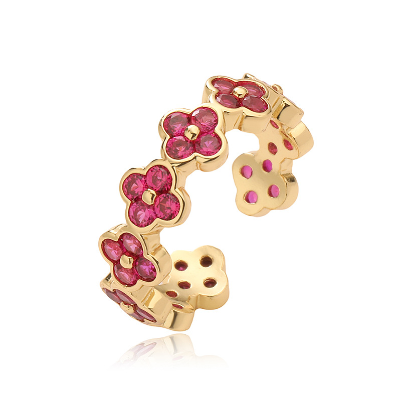 Copper Inlaid Color Diamond Flower Open Adjustable Ring Elegant Flower Petal Band — Red