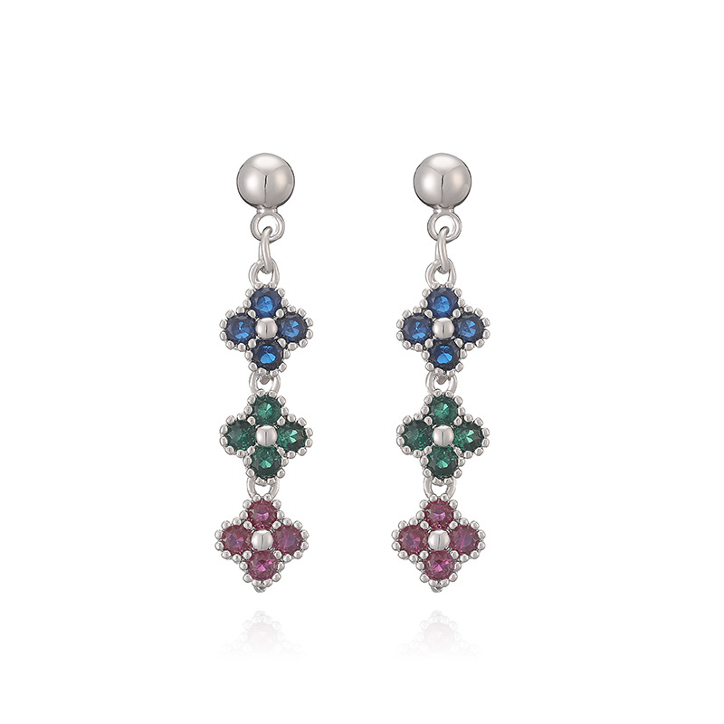 Elegant Crystal Flower Tassel Drop Earrings - Triple Floral Dangle Studs 15