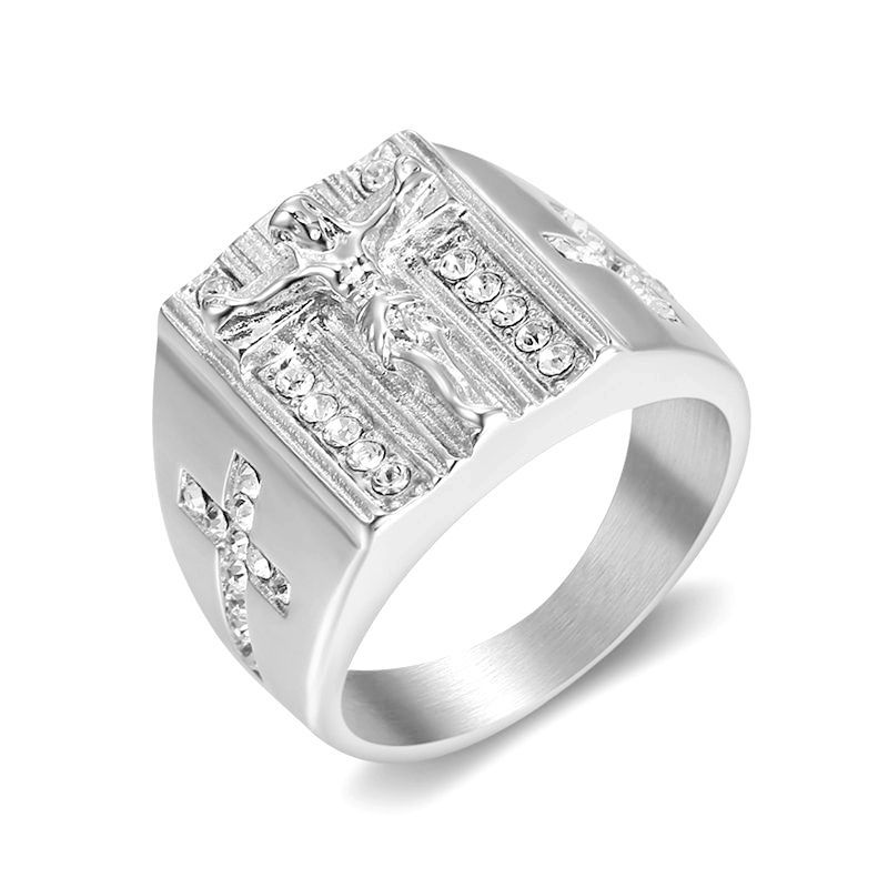Steel Rhinestone Crucifix Signet Ring