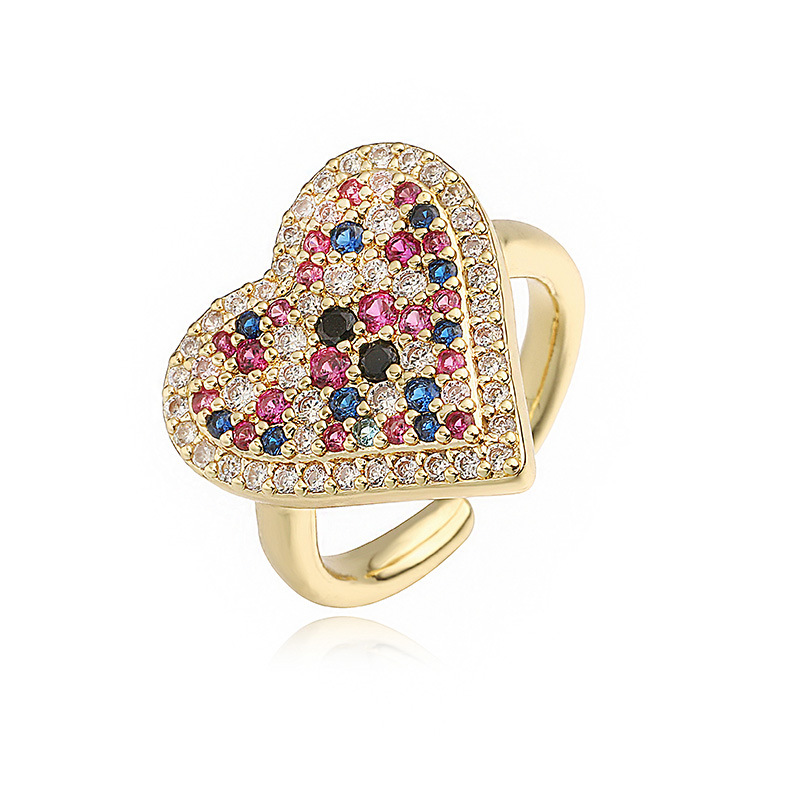 Fashion Luxury Copper Inlaid Colored Diamond Heart-Shaped Ring - Niche High-End Adjustable Jewelry — Gold-Rainbow
