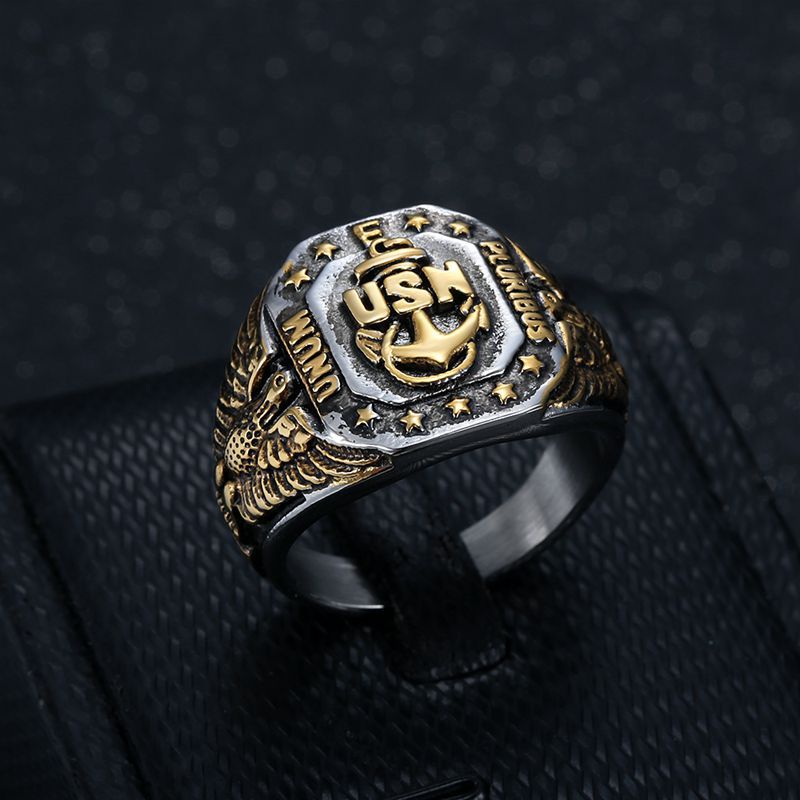 Two-Tone US Navy USN Anchor Eagle Signet Ring — view 2
