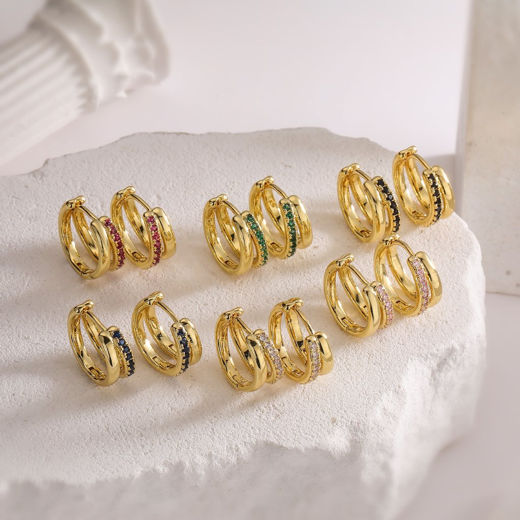 Advanced Dual-Ring Colorful Zirconia Hoop Huggie Earrings - Stylish Personalized Fashion Ear Accessory