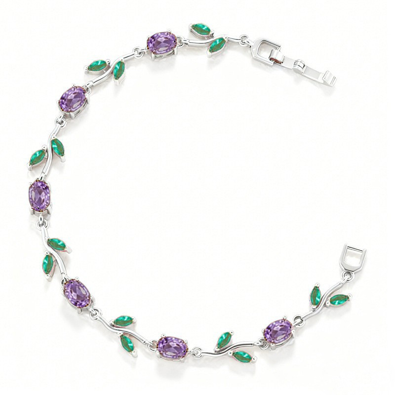 Elegant Versatile Copper-Inlaid Purple and Green Crystal Leaf and Petal Bracelet, Fashion Luxury Tulip Layering Jewelry