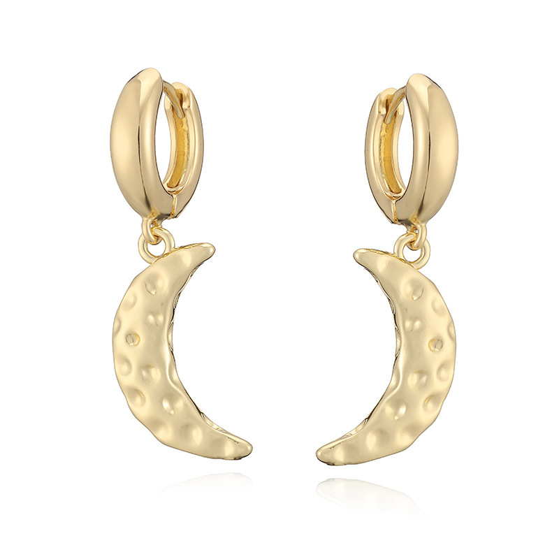 French Retro Copper Gold-Tone Crescent Moon Drop Hoop Earrings