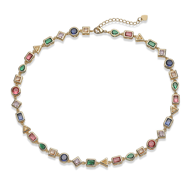 Copper Inlaid Colorful Zirconia Geometric Patchwork Necklace - Personalized Bohemian Style Jewelry Necklace for Women