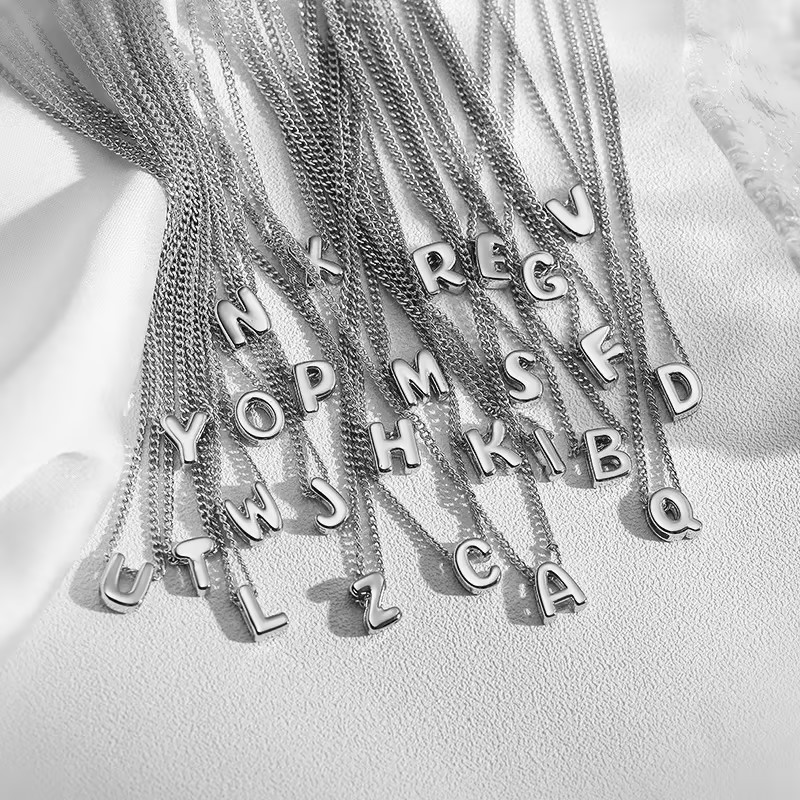 Silver-Tone Copper Pearl Inlaid 26 Letter Necklace Women's Niche High-End Clavicle Chain