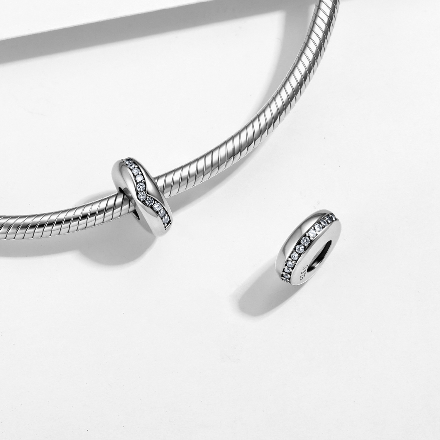 S925 Sterling Silver V-Shaped Ring Zircon Spacer Bead — view 3