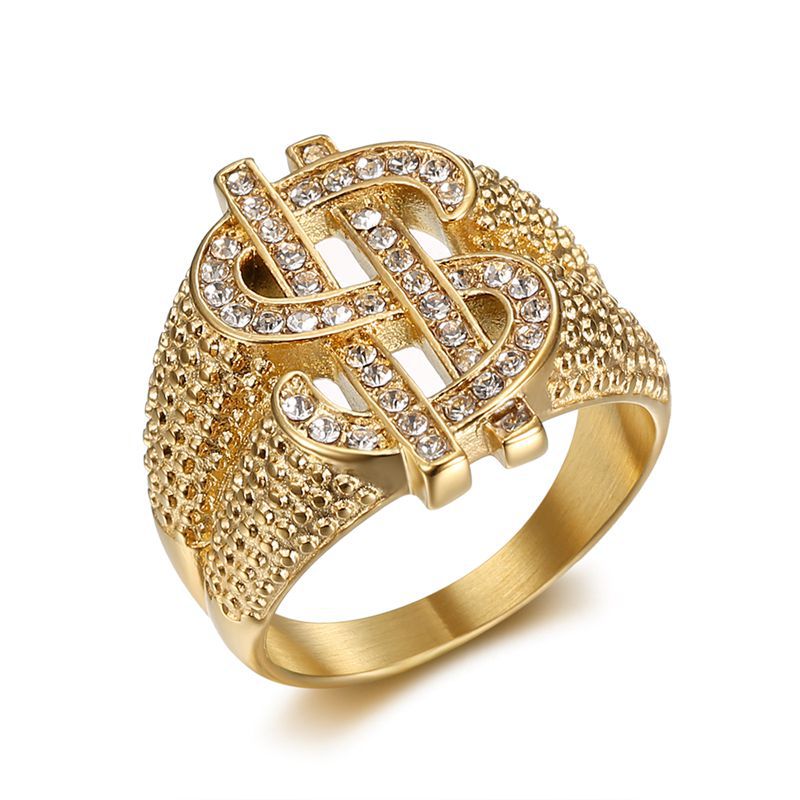 Gold-Plated Rhinestone Dollar Sign Signet Ring — Rings | MAOLE Fine Jewelry