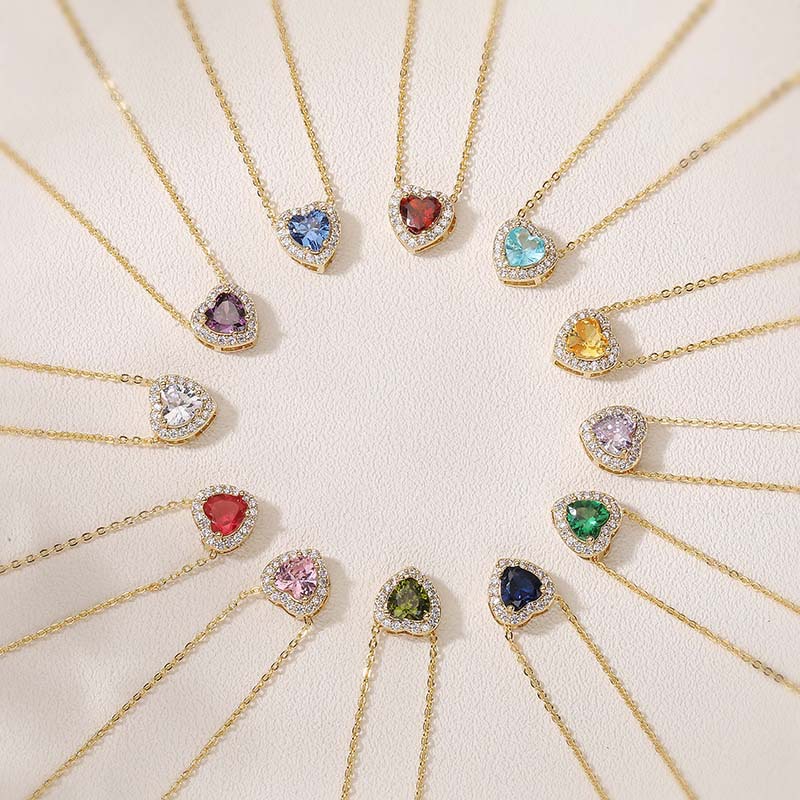 Elegant Light-Luxury Copper Inlaid Color Diamond Twelve Birthstone Heart Necklace Super Sparkling Heart Pendant Collarbone Chain