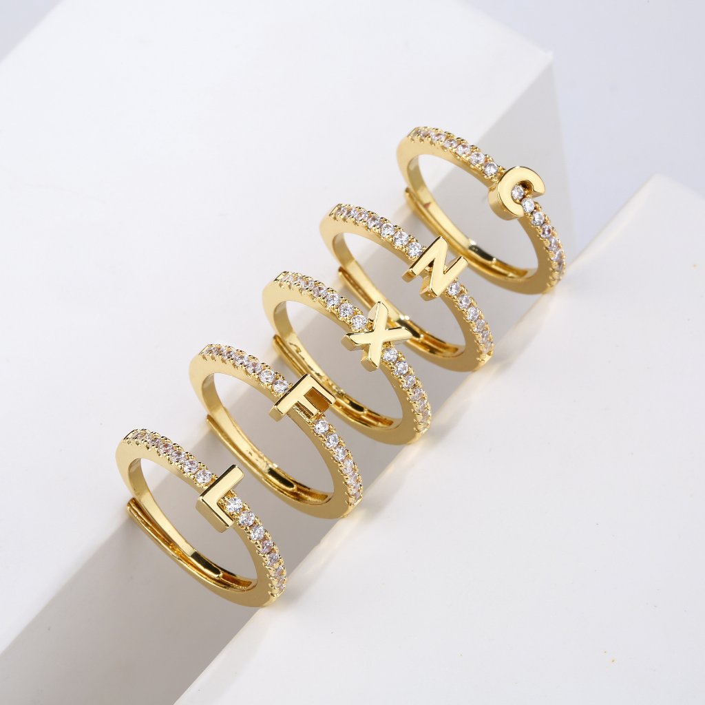 Gold-Plated Zircon Initial Ring (A-Z Adjustable) — Rings | MAOLE Fine Jewelry