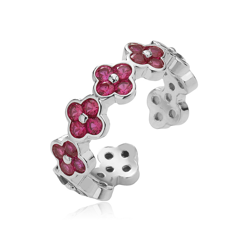 Copper Inlaid Color Diamond Flower Open Adjustable Ring Elegant Flower Petal Band (Silver Tone) — Red