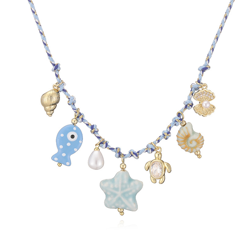 Sweet Dopamine Ocean-Themed Charm Necklace - Blue & White Cord (Seashells, Starfish, Conch, Tropical Fish, Sea Turtle) — Charms | MAOLE Fine Jewelry