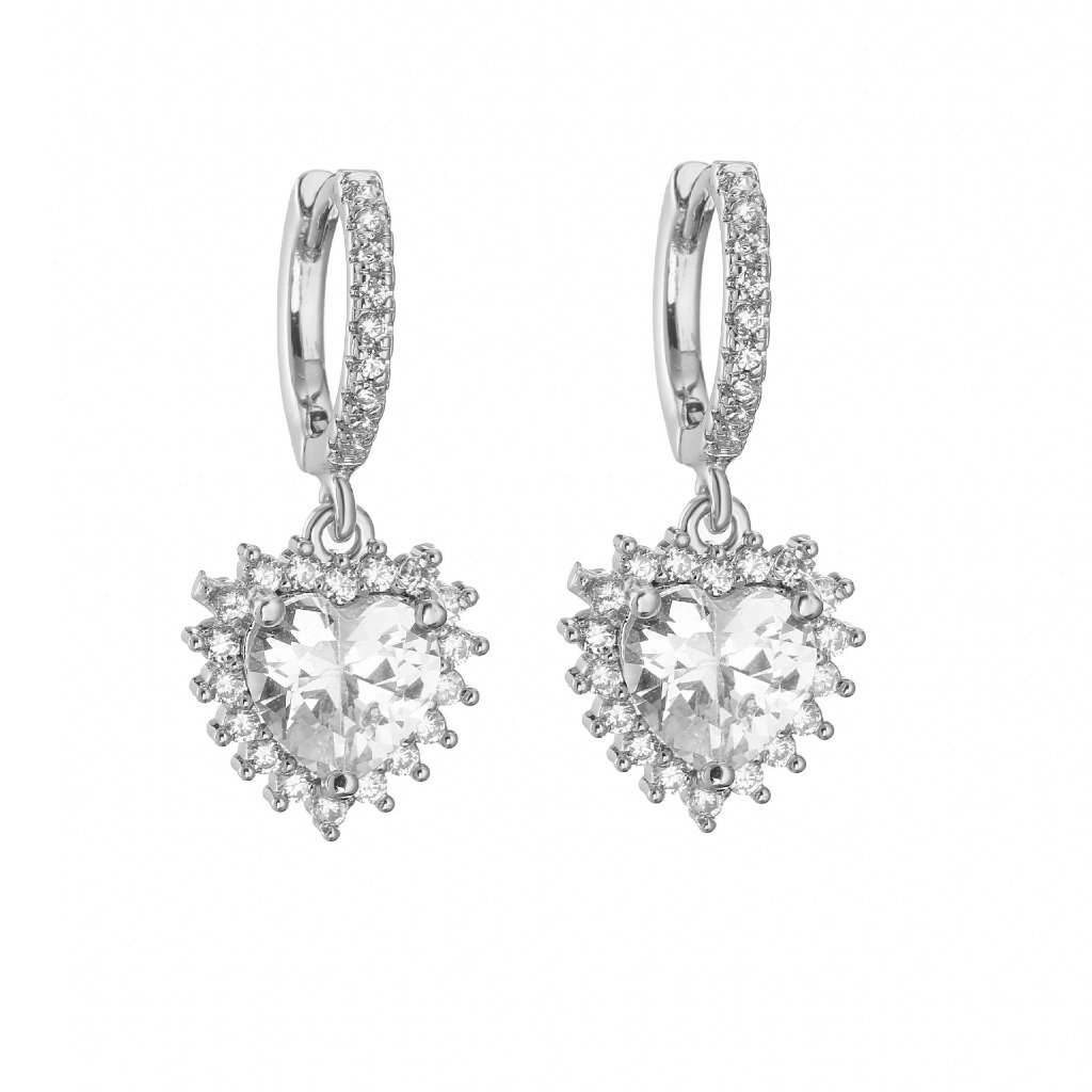 Zircon Heart-Shaped Dangle Hoop Earrings - Silver Tone