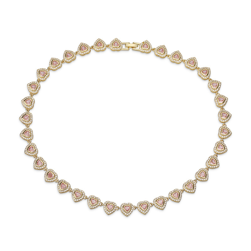 Copper Inlaid Crystal Heart Link Necklace - Light Luxury Heart Charm — Gold Pink