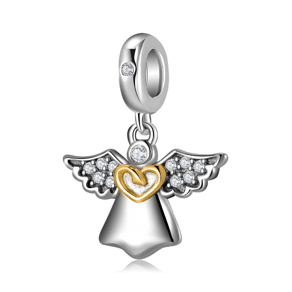 S925 Sterling Silver Angel Charm 14K Gold Plated Heart Pavé Zircon Big Hole Bead for DIY Bracelet — Charms | MAOLE Fine Jewelry