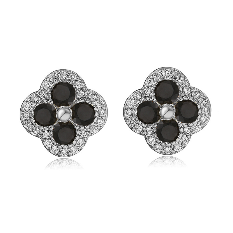 Copper Inlaid Color Stone Stud Earrings - Clover Flower (Silver, Black)