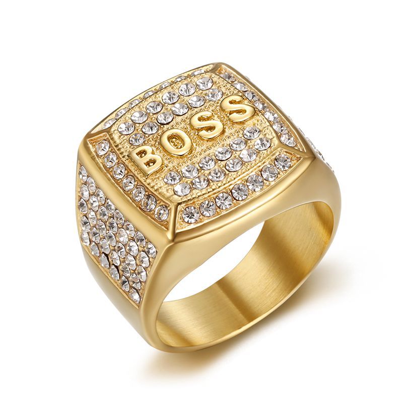 Gold-Plated Rhinestone BOSS Letter Signet Ring — Rings | MAOLE Fine Jewelry
