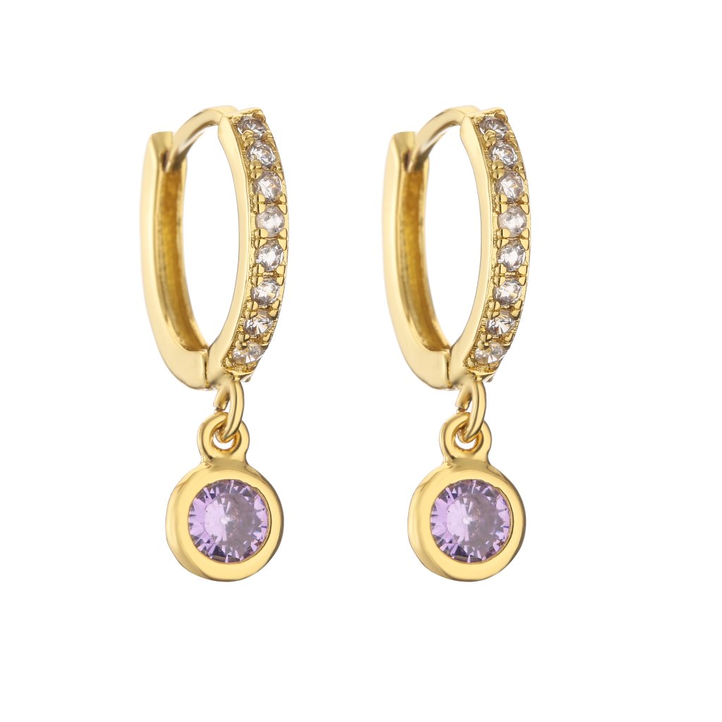 18K Gold Plated Copper Round Huggie Hoop Earrings with Colorful Zircon Dot Chain Dangle Charms — Short - Purple Dangle