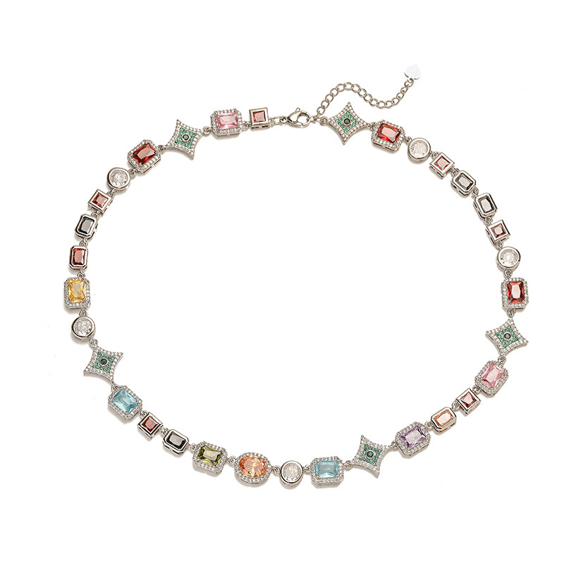 Exquisite Luxury Copper Inlaid Colorful Zircon Heart Oval Square Multi-Gemstone Charm Necklace — Silver-tone