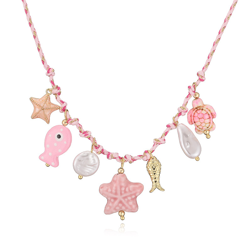 Sweet Dopamine Ocean-Themed Charm Necklace - Pink Cord (Seashells, Starfish, Conch, Tropical Fish, Sea Turtle) — Charms | MAOLE Fine Jewelry