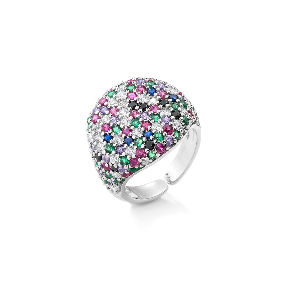 Full-Diamond Circular Open Geometric Zirconia Ring 18K Real Gold Plating Adjustable Women's Ring — Multi-Color/Silver