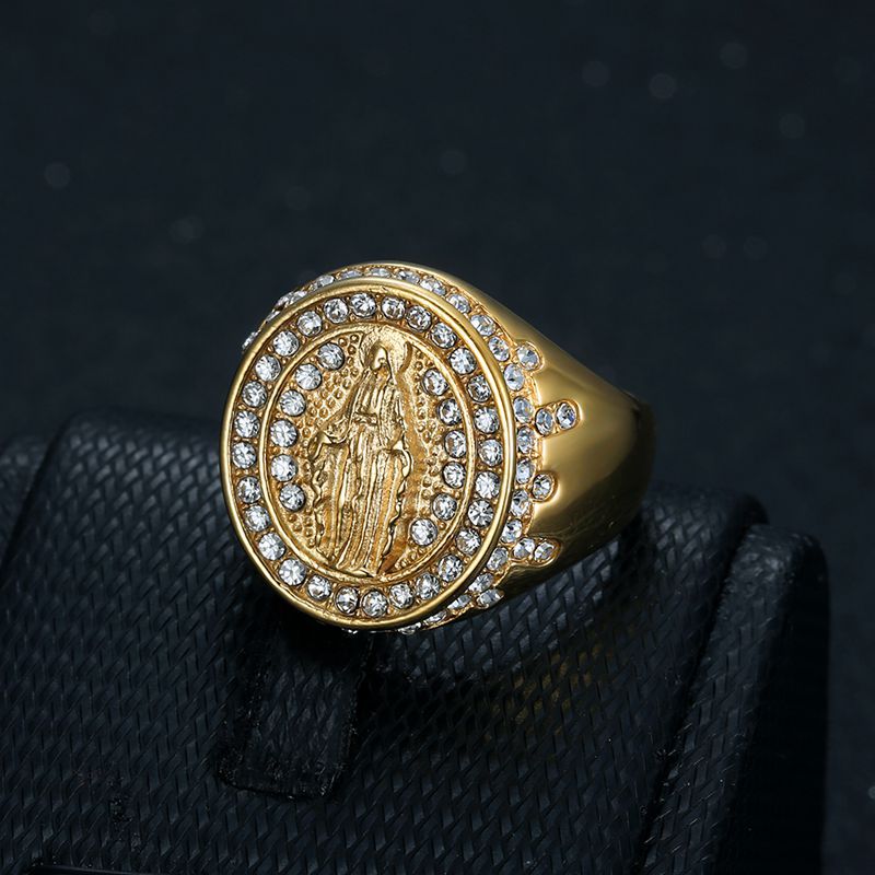 Gold-Plated Virgin Mary Rhinestone Signet Ring — view 2
