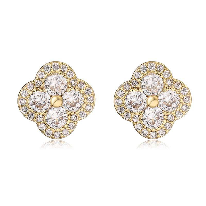 Copper Inlaid Color Stone Stud Earrings - Clover Flower (Gold, Clear)