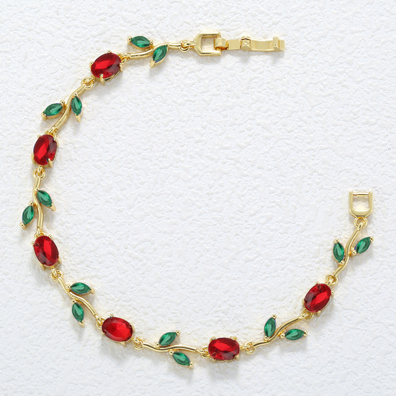 Elegant Versatile Copper-Inlaid Colorful Diamond Leaf and Petal Bracelet, Fashion Luxury Leaf and Tulip Layering Jewelry