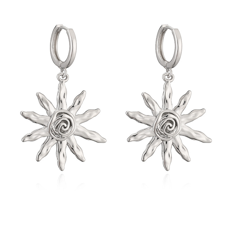 French Retro Copper Silver-Tone Sun Pendant Hoop Earrings