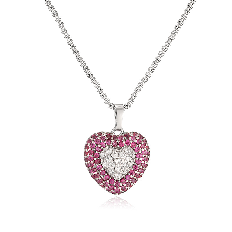 Exquisite Light Luxury Copper Inlaid Colorful Zircon Double-Layer Heart Pendant Necklace Super Sparkly Heart Dangle Charm Chain — Silver-tone with Magenta Heart