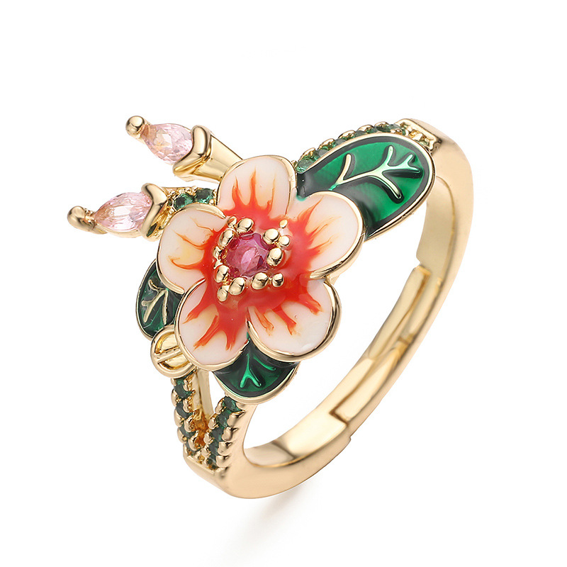 Copper Gold-Plated Colorful Enamel Floral Ring - Fresh Sweet Tulip Daisy Open Adjustable Finger Ring for Women — Red-Orange Flower