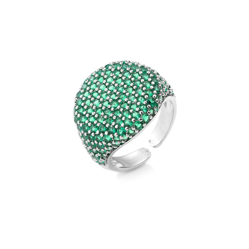 Full-Diamond Circular Open Geometric Zirconia Ring 18K Real Gold Plating Adjustable Women's Ring — Green/Silver