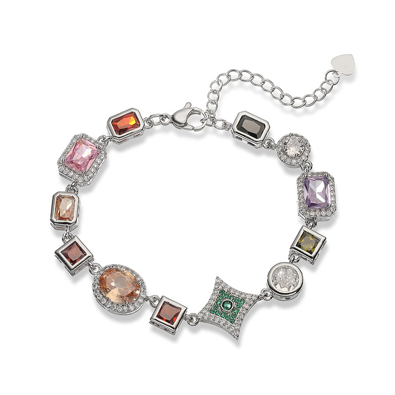 Exquisite Luxury Copper Inlaid Colorful Zircon Heart Oval Square Multi-Gemstone Charm Bracelet — Silver-tone
