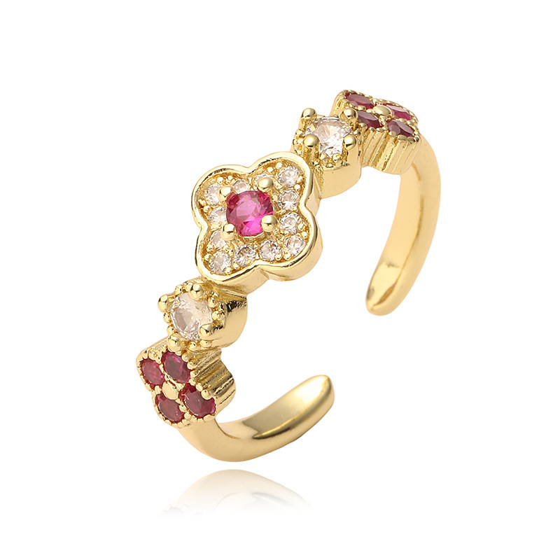 Copper Inlaid Multi-Color Zirconia Flower Ring for Women - Adjustable Open Ring — Pink
