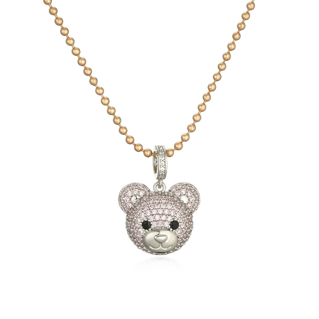 Cute Bear Pendant Necklace - Pink Silver Bead Chain