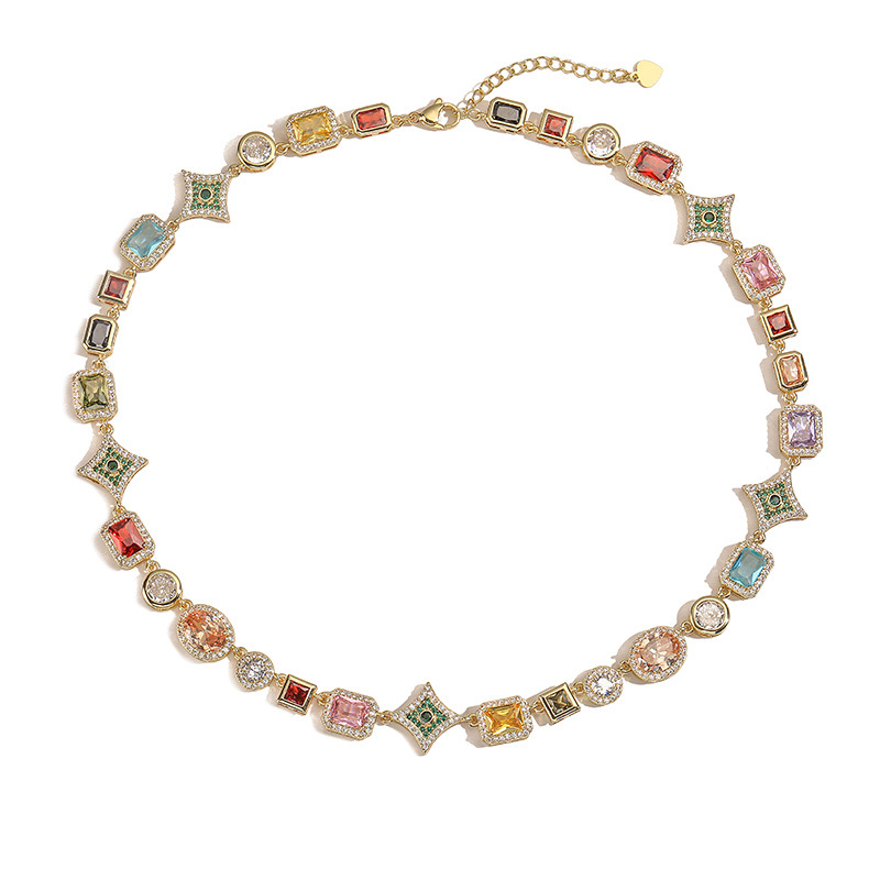 Exquisite Luxury Copper Inlaid Colorful Zircon Heart Oval Square Multi-Gemstone Charm Necklace — Gold-tone
