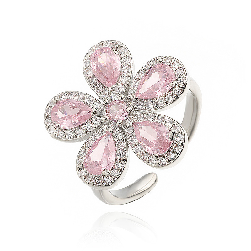 Copper Inlaid Colorful Zirconia Flower Petal Ring - Luxury Sparkle Five-Petal Adjustable Open Ring 7