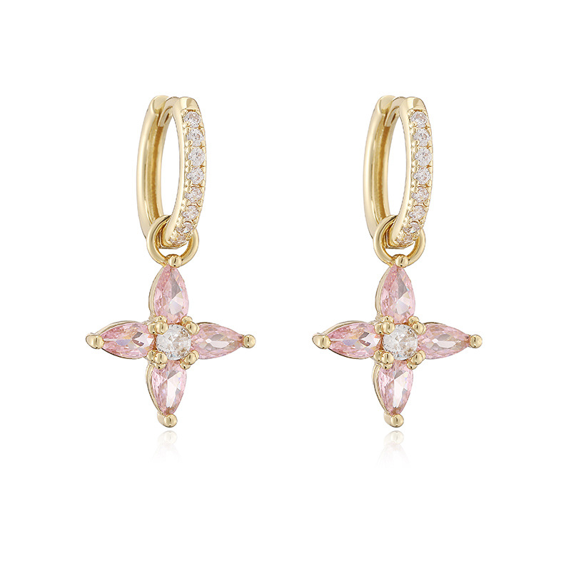 Copper Inlaid Colorful Zircon Marquise Petal Flower Huggie Hoop Earrings Dainty Floral Dangle Charms for Women — Gold-tone with Pink Flower