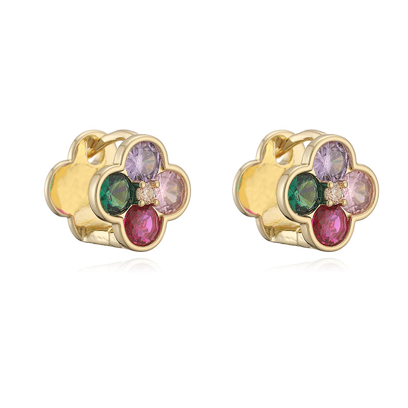 Exquisite Light-Luxury Copper Inlaid Colorful Zirconia Double-Sided Flower Huggie Hoop Earrings - Sweet Versatile Flower Petal Stackable Earrings for Women 10
