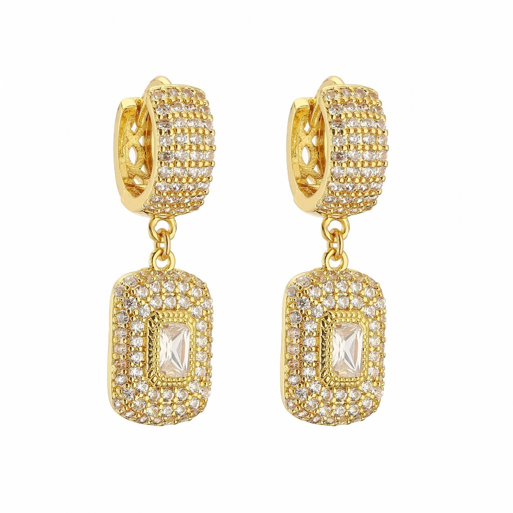 Full Drill Square Sugar Earrings - Copper 18K Gold Plated Super Sparkling Clear Stone Small Square Dangle Ear Clips (Gold)