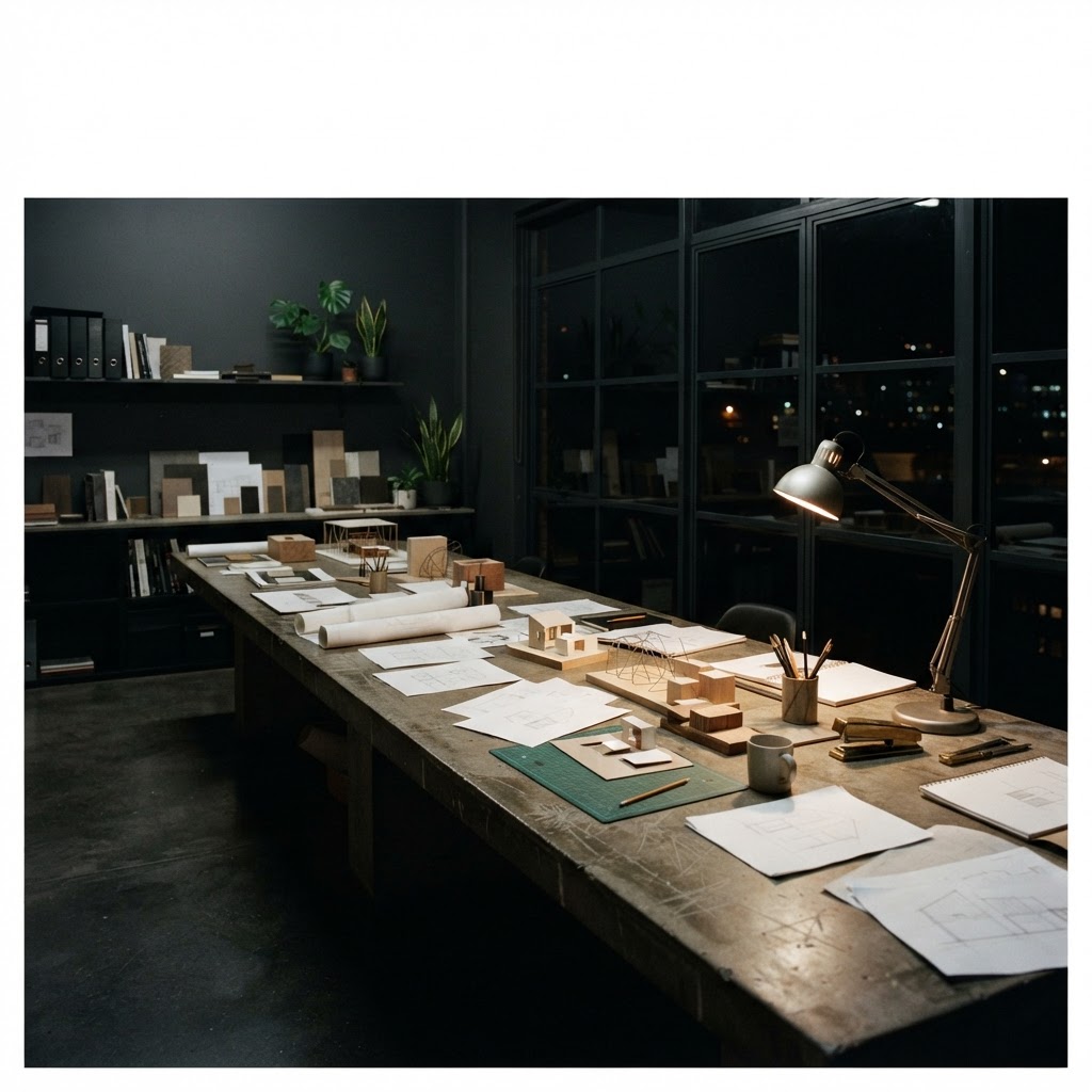 A desk at night with papers and notes spread across it